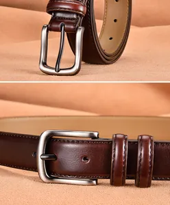 Détails de ceinture en cuir marron foncé avec boucle argentée mate et couture fine