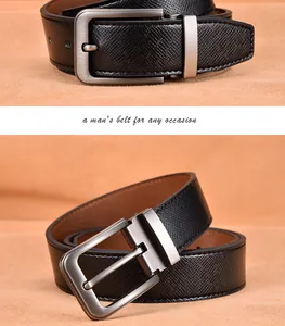 Detail of black crossgrain leather belt with brushed silver needle buckle for men