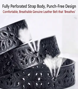 Detail of laser-cut floral pattern on black leather belt with breathable hollow design