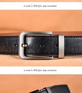 Detail of black Saffiano leather belt for men with a silver matte metal prong buckle