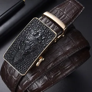 Men's dark brown leather belt with crocodile pattern and golden metal automatic buckle