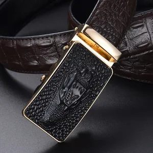 Men's dark brown crocodile pattern leather belt with gold automatic buckle and relief