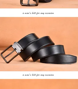 Detail of black lychee grain leather belt with dark gray metal pin buckle for men