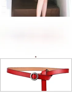Close-up of thin red leather belt for women featuring a vintage round alloy metal buckle