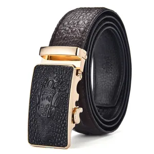 Men's automatic buckle leather belt with crocodile texture and golden metal buckle head