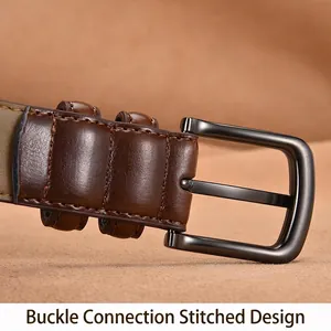 Ceinture pour homme en cuir marron foncé avec boucle gris mat et coutures soignées