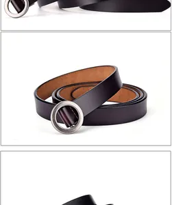 Detail view of a dark brown waist belt with a matte circular metal buckle for women
