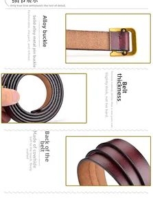 Détails de la ceinture en cuir de vachette avec boucle dorée et vue sur l'épaisseur