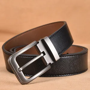 Business men's black cross-grain leather belt with a gunmetal matte pin buckle