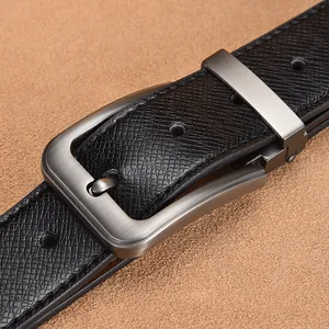 Classic black leather business belt for men with brushed metal buckle and Saffiano texture
