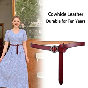 Slim burgundy cowhide leather belt for women with retro metal ring knot closure