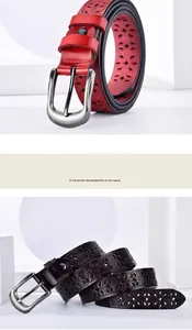 Detailed macro view of laser-cut floral patterns on premium red and brown leather belts