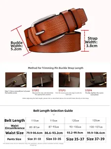 Size guide for men's leather belt with length chart and adjustment instructions