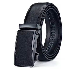 Men's black leather business belt with automatic buckle and lychee texture on white background