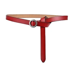 Deep red skinny leather waist belt with silver round buckle for women's dresses