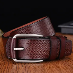 Men's burgundy leather belt with herringbone embossing and matte silver pin buckle