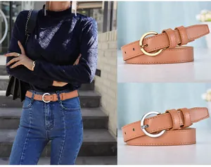 Classic light brown leather belt for women with round gold and silver metal buckles