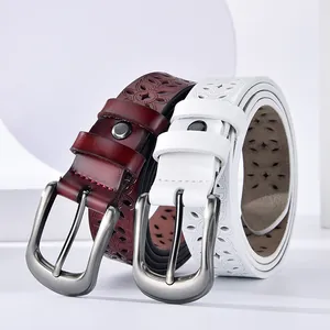 Women's hollowed floral leather belt with vintage metal buckle in burgundy and white