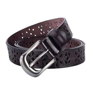 Deep reddish-brown hollow floral pattern leather belt with a silver metallic pin buckle