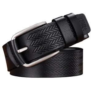 Classic black leather belt for men with woven pattern and brushed metal pin buckle