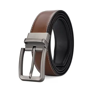 Men's business leather belt with gunmetal rotating buckle and contrast stitching