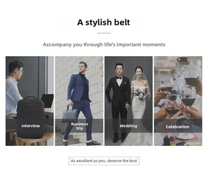 Men's leather belt shown in scenarios like business trips, weddings and banquets
