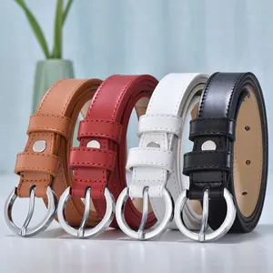 Genuine leather belts for women featuring round silver buckles in four versatile colors