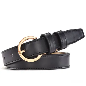 Classic black leather belt for women featuring a gold round buckle and neat stitching