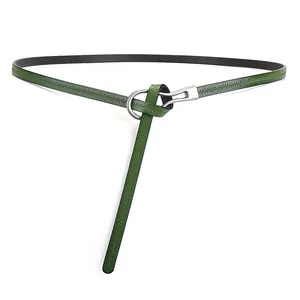 Olive green leather thin waist belt with silver metal buckle and fine stitching detail