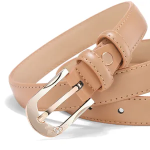 Slim light brown leather belt for women with golden horseshoe buckle and rhinestone hearts