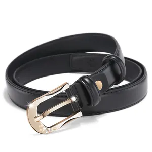 Women's slim black leather belt with sparkling gold rhinestone heart buckle
