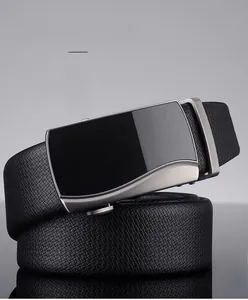 Close-up of men's black leather business belt featuring a zinc alloy automatic buckle
