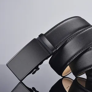 Business men's black leather belt with textured weave and matte alloy automatic buckle