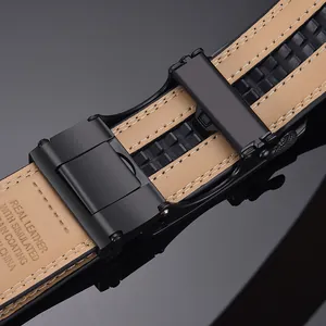 Business men's black automatic buckle belt made of genuine leather with double stitching