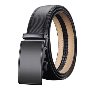 Men's premium black leather belt with matte black automatic buckle in a sleek circular coil