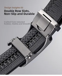 Detail of double row rubber track and lychee grain leather on men's automatic belt