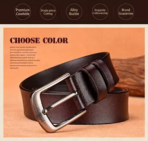 Detailed view of dark brown genuine leather belt with silver alloy pin buckle for men