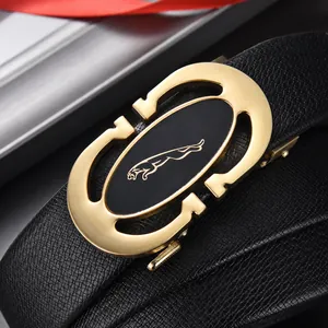 Men's business leather belt with golden automatic buckle featuring a jaguar motif