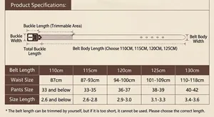 Detailed size chart for men leather belt showing lengths 110-130cm and waist measurements