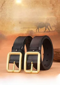 Vertical display of black and brown vintage leather belts with gold alloy buckles