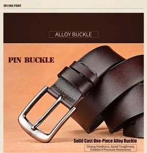 Detailed macro view of solid cast alloy pin buckle and textured genuine leather belt strap