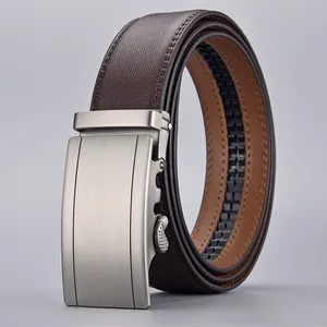 Men Automatic Buckle Belt Split Leather Saffiano Texture Alloy Ratchet Buckle Business Casual Waist Strap For Trousers Suits