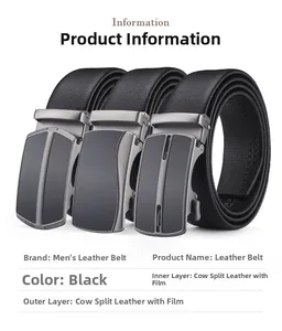 Detailed close-up of men's leather belts with alloy automatic buckles and litchi texture