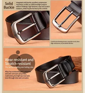 Detail of solid alloy pin buckle with brushed texture on genuine leather men belt