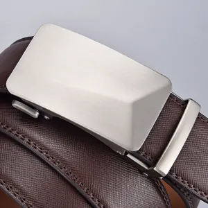 Brown leather belt for men featuring a silver brushed automatic buckle and Saffiano texture