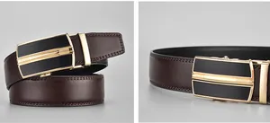 Dettaglio cintura in pelle da uomo con fibbia automatica in metallo oro e nero
