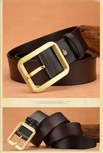 Close-up of dark brown lychee-patterned leather belt with brushed gold pin buckle