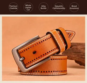 Detail of brown leather belt with vintage alloy buckle and white contrast stitching