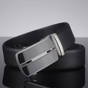 Men's business black lychee leather belt with silver alloy automatic buckle for formal wear