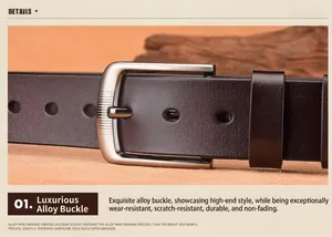 Macro shot of dark brown leather belt featuring a brushed alloy pin buckle and edge finish